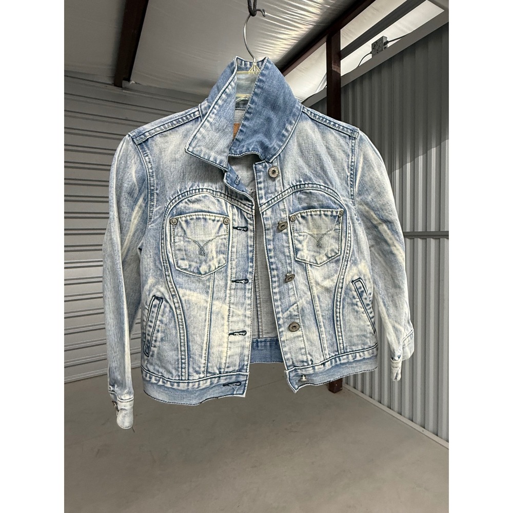 Blue Jam Vintage Light Wash Acid Wash Denim Trucker Jacket Distressed Cropped S